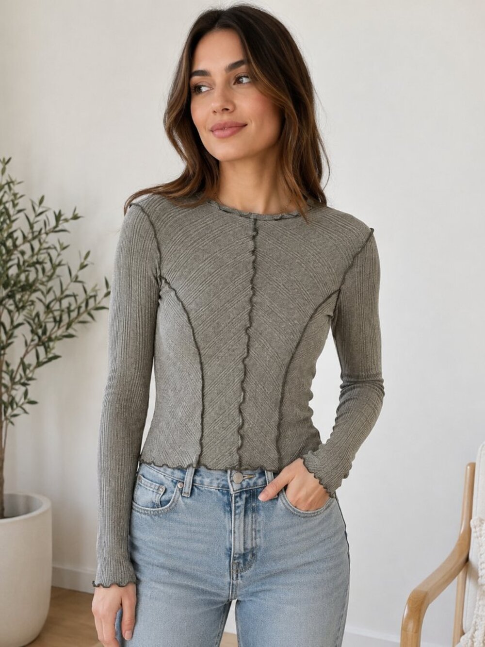 Lush Olive Green Ribbed Long Sleeve Top